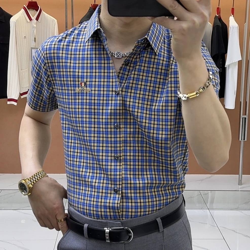 男士短袖衬衫格子衬衫修身衬衣夏季薄款商务休闲条纹格子透气上衣