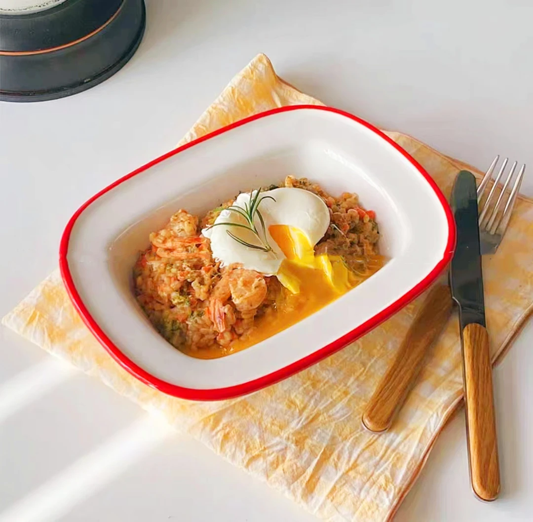 搪瓷长方深盘菜盘家用网红款餐具ins风芝士烘培蛋糕面包