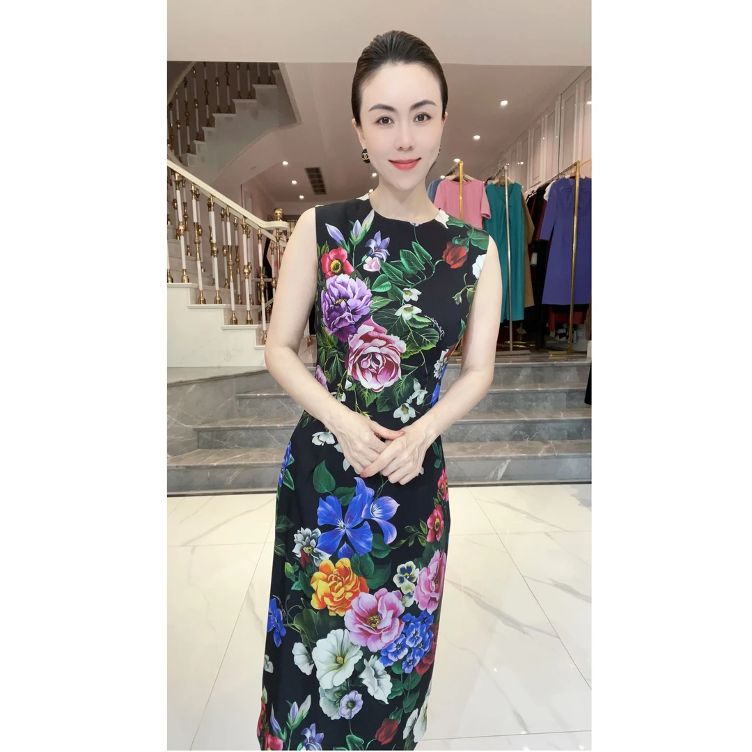 5853【富贵花】研家轻奢显瘦时尚夏季复古中长款修身真丝印花连衣裙