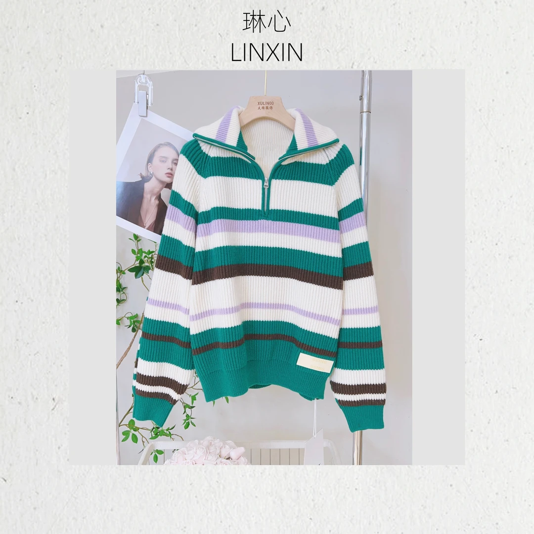 琳心丨春季新款休闲时尚女装拉链条纹翻领套头针织衫 0611