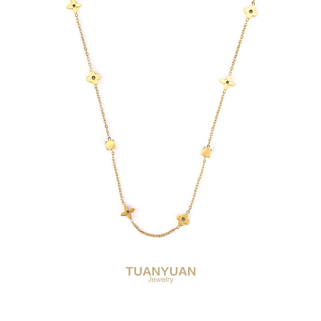 钛钢项链 团圆饰品【幸运四叶草】日韩字母项链吊坠女士双链金色