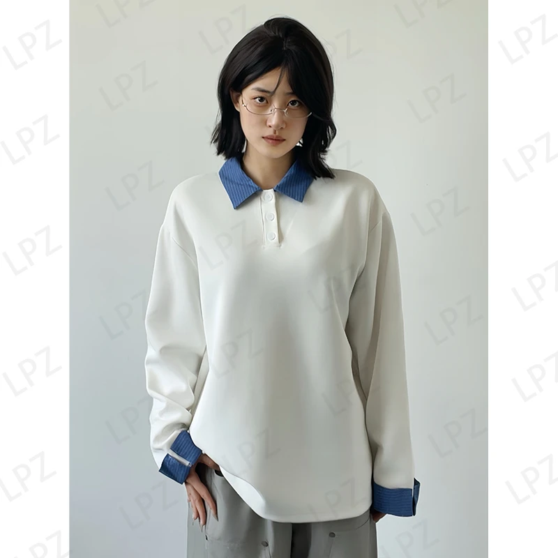 美式校园风Polo衫长袖T恤男款秋季设计感拼接千鸟格翻领工装上衣