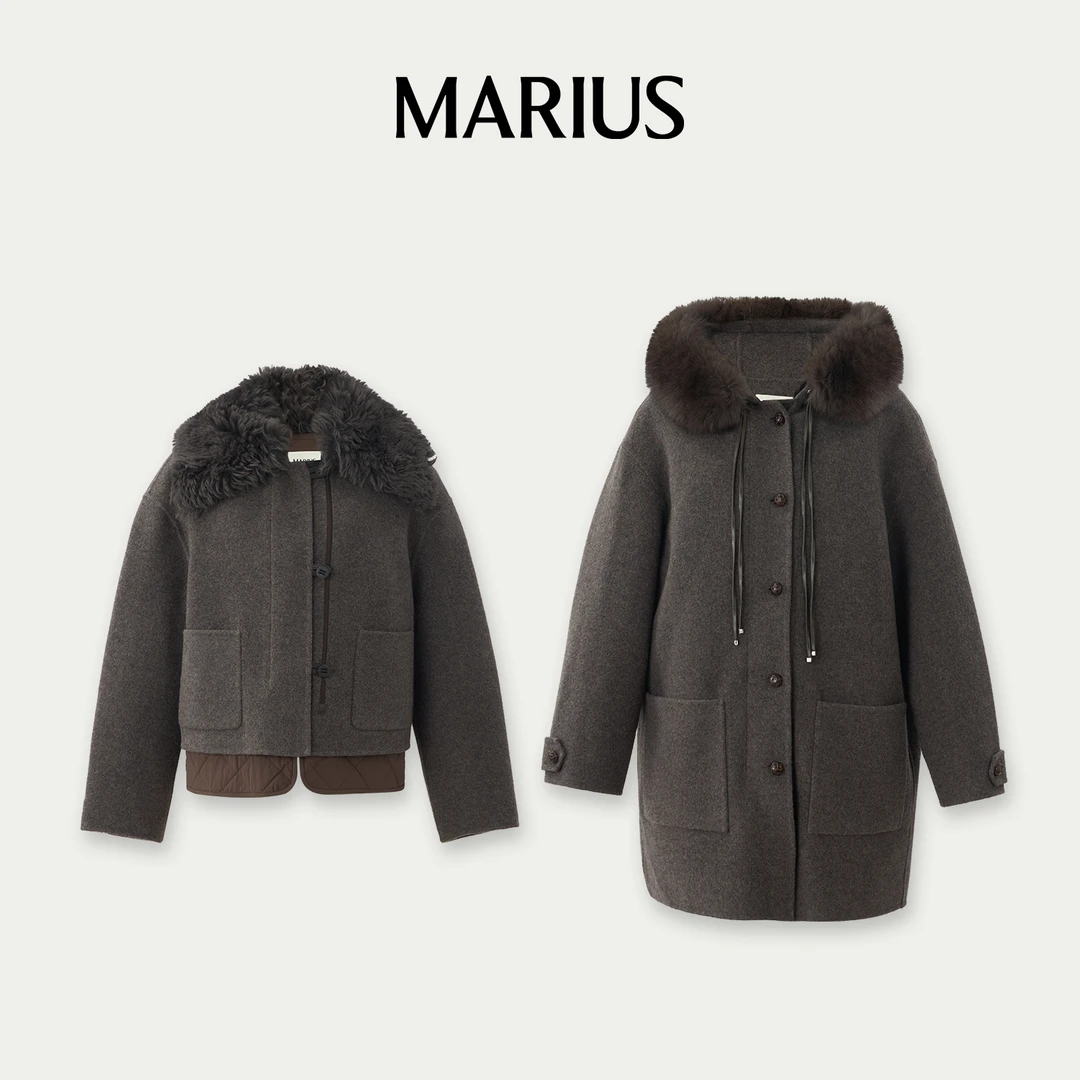 MARIUS-M-‘游牧大衣’经典双面呢毛织拼接保暖连帽大衣