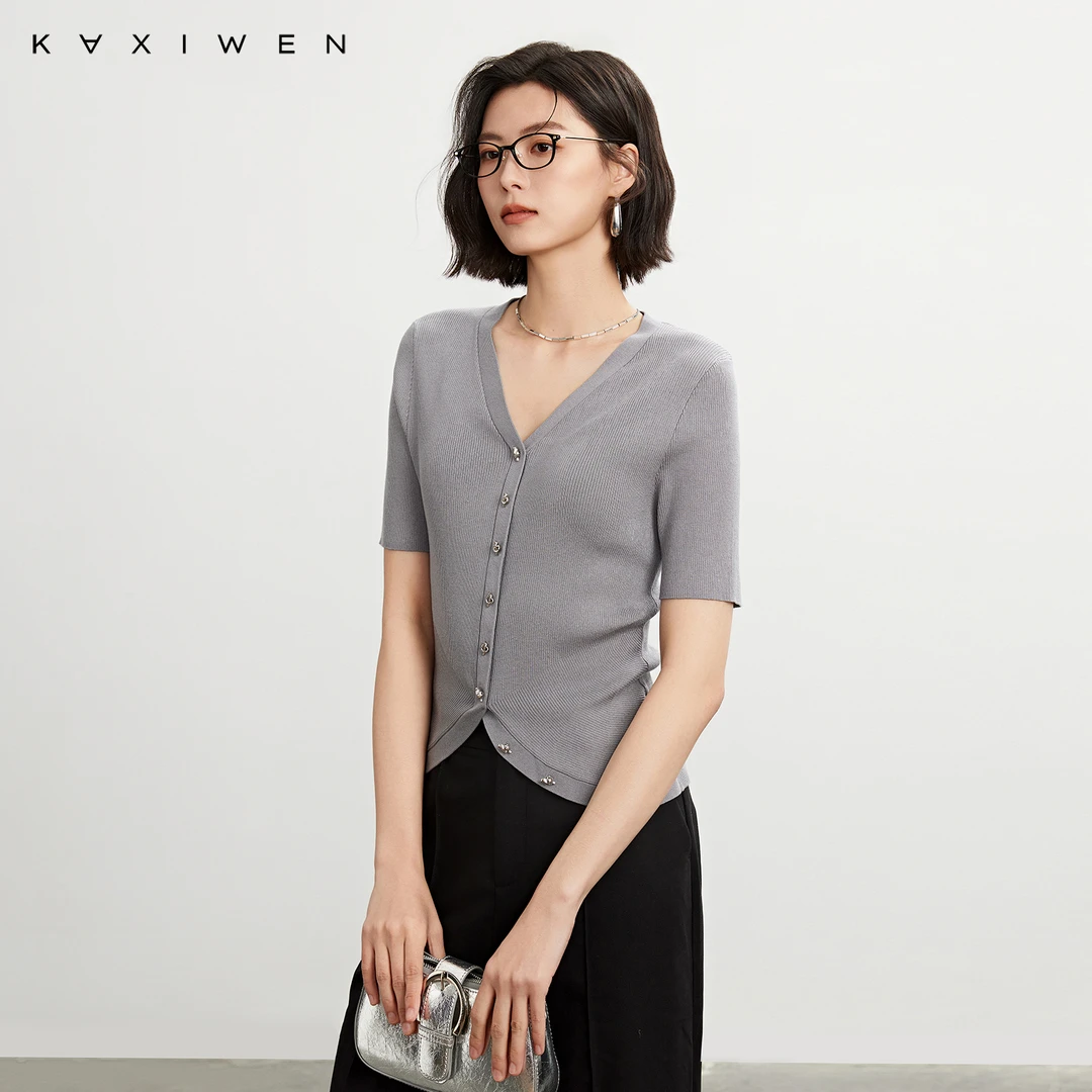 佧茜文莱赛尔简约修身T恤【春秋】V领设计感开衩针织上衣X03BZN2531