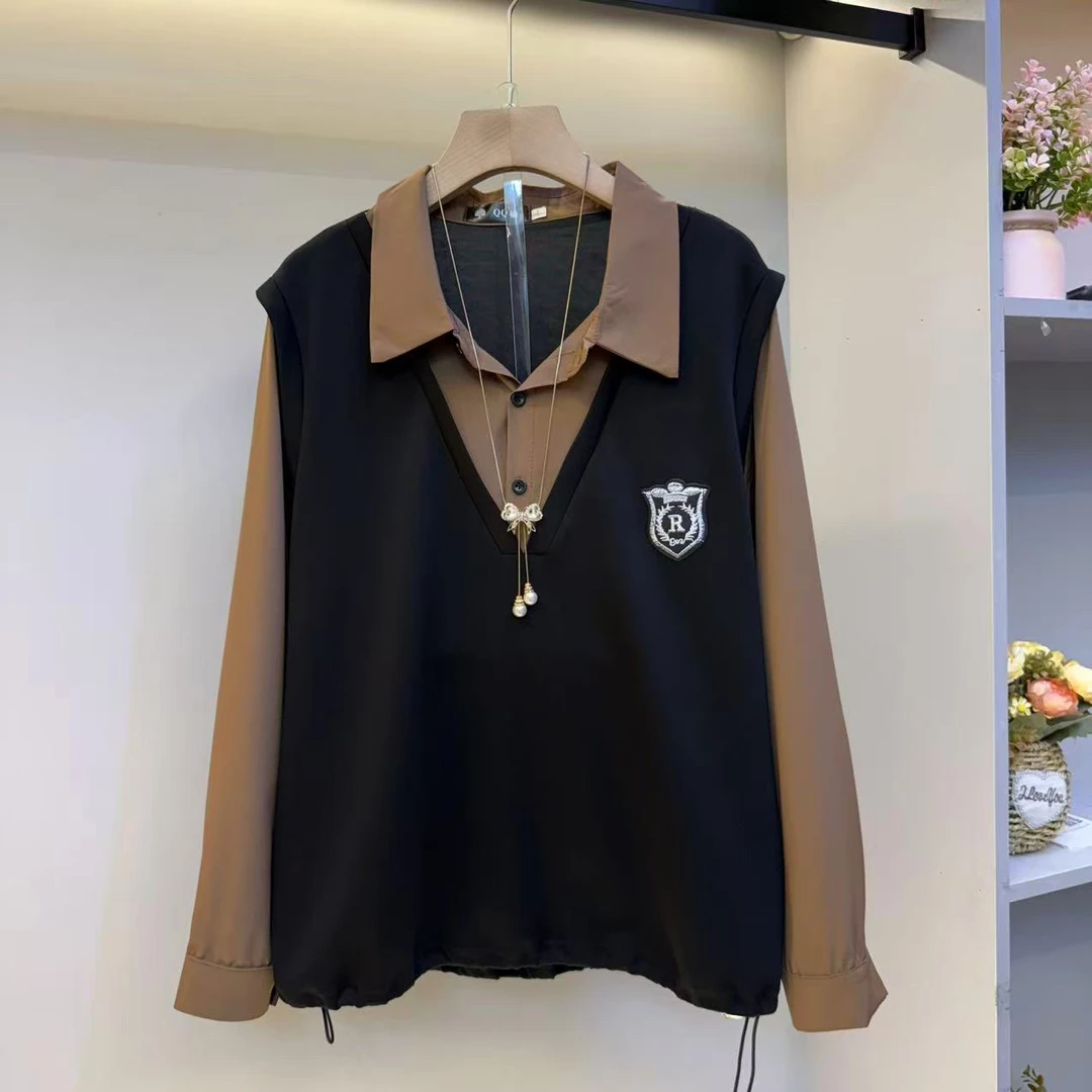 时尚百搭撞色宽松长袖学院风休闲衬衫