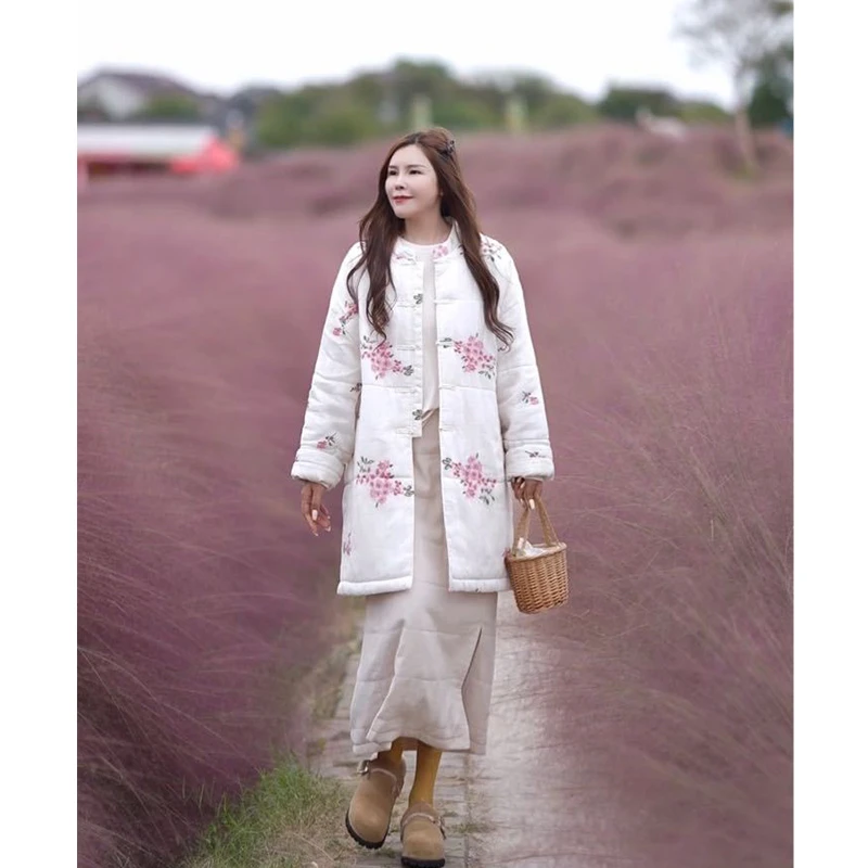 复古盘扣苎麻满身重工刺绣中长款棉服