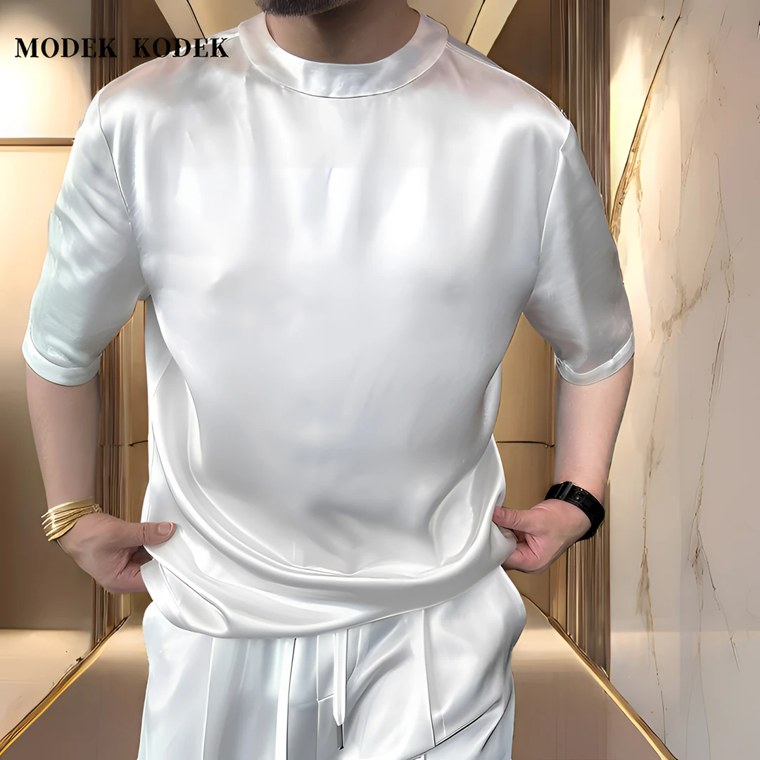 MODEK KODEK高端醋酸纯色短袖圆领T恤男士轻奢潮流休闲裤两件套装