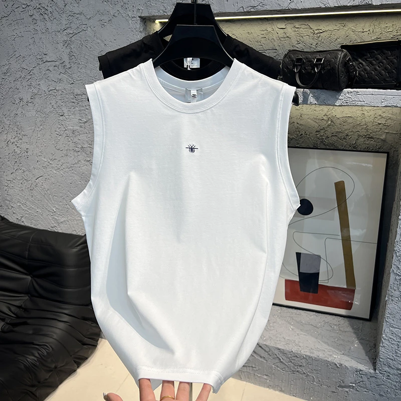 2025春夏新款男士背心休闲圆领净版小标刺绣纯色百搭简约男装短袖