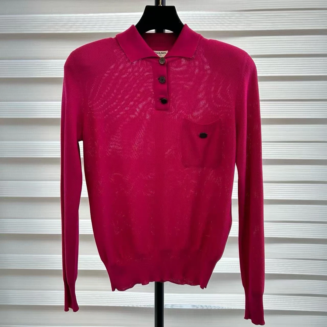 95新 Chanel/香奈儿 Chanel香奈儿 玫红Polo领长袖 38码