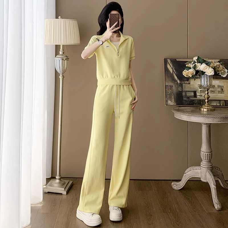 青春活力休闲运动套装女2025夏洋气减龄黄色短袖上衣阔腿裤两件套