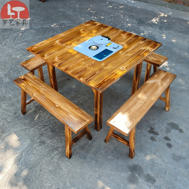 火锅专用桌4-6人实木地摊卡式炉火锅桌椅板凳桌子组合长方桌圆桌