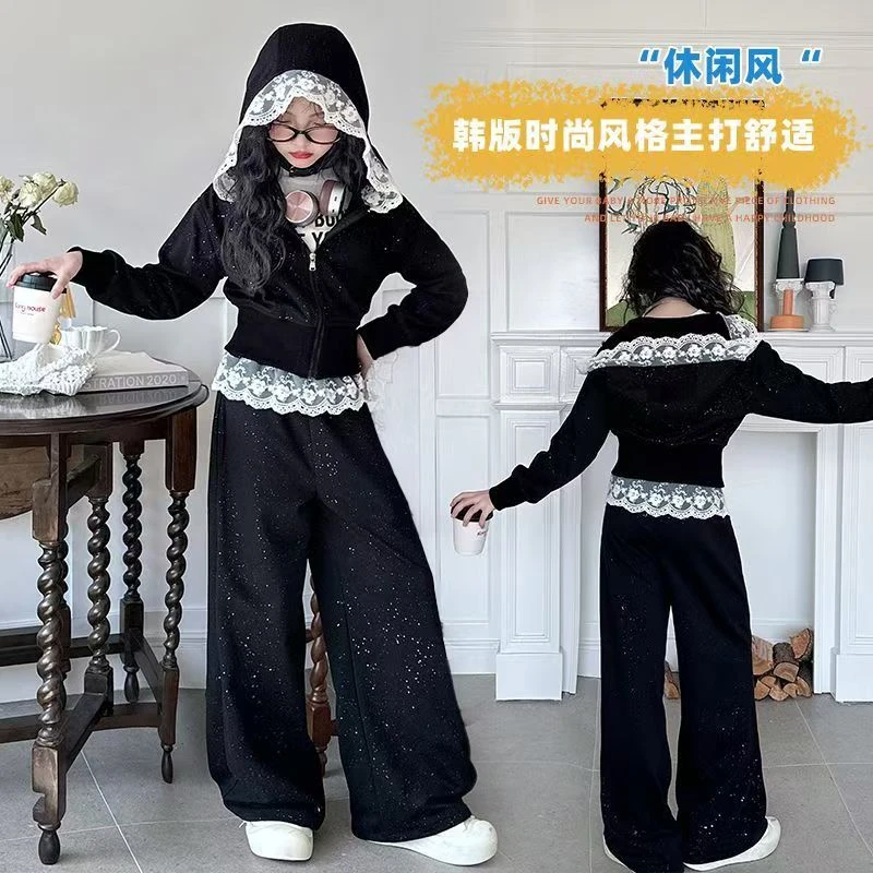 女上衣重工撒银拉链女童常规千金风网红套装卫衣蕾丝韩版春秋