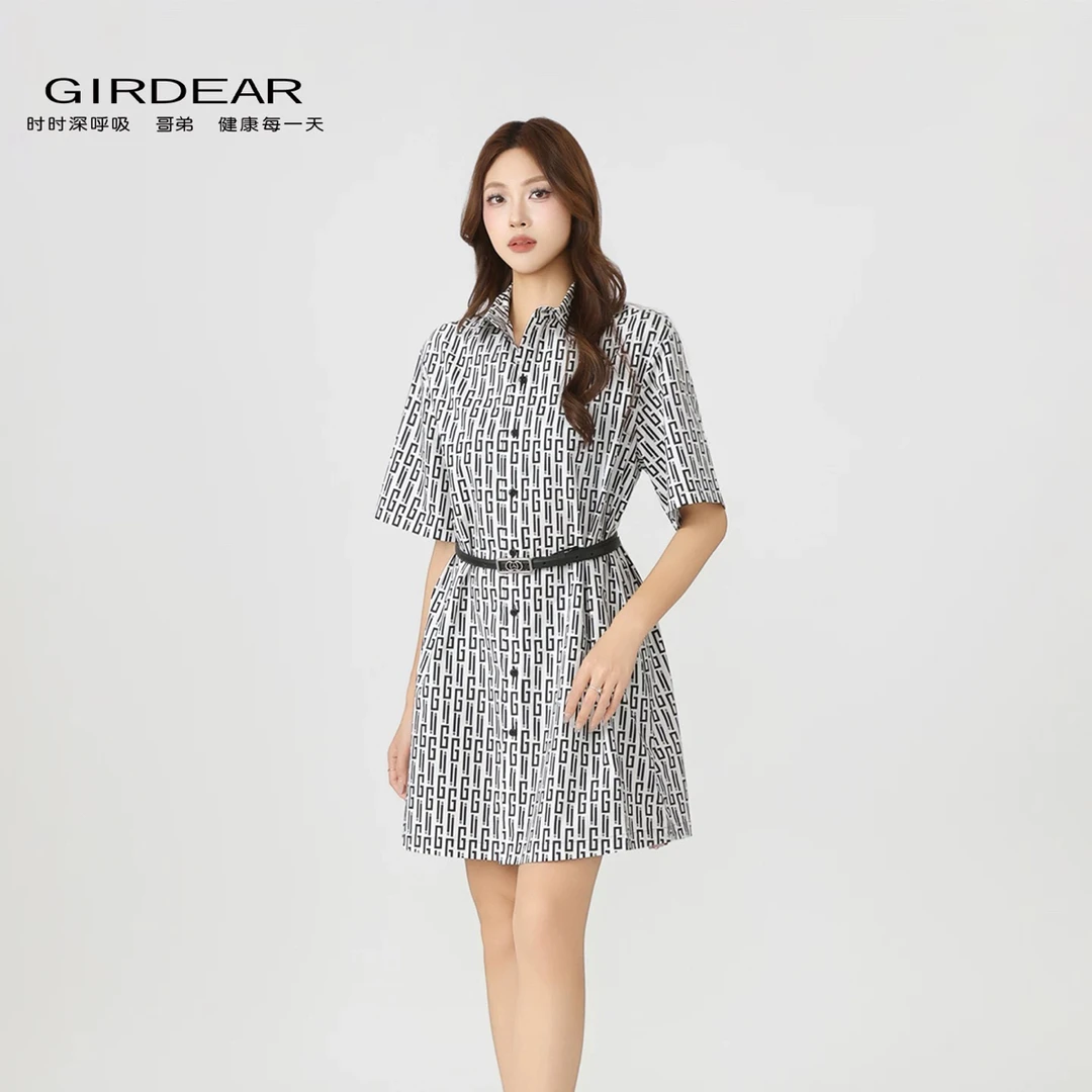 哥弟商场同款女装老连衣裙2025夏季新款复古满印花衬衫裙薄150023