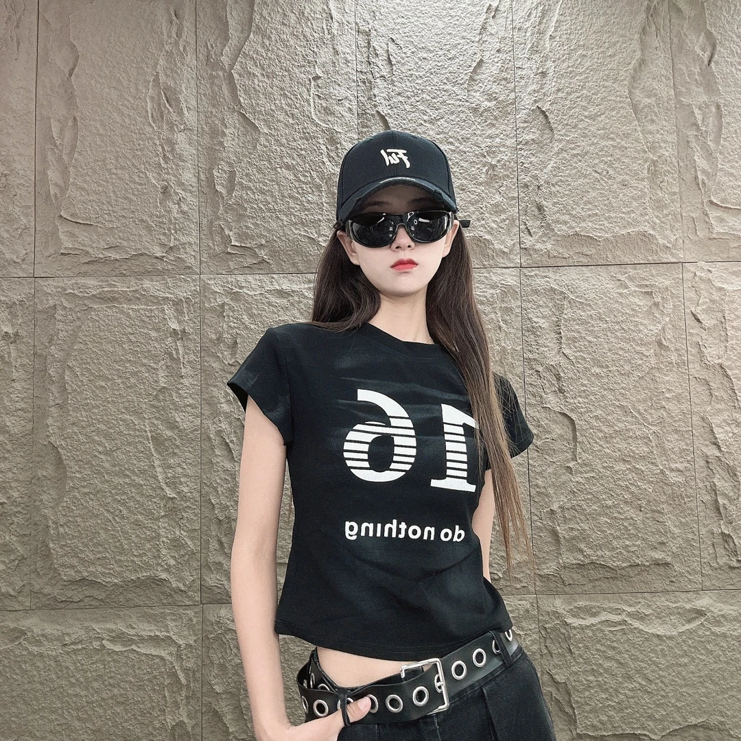 DL8829   美式正肩印花短袖T恤女夏季百搭短款修身显瘦圆领上衣