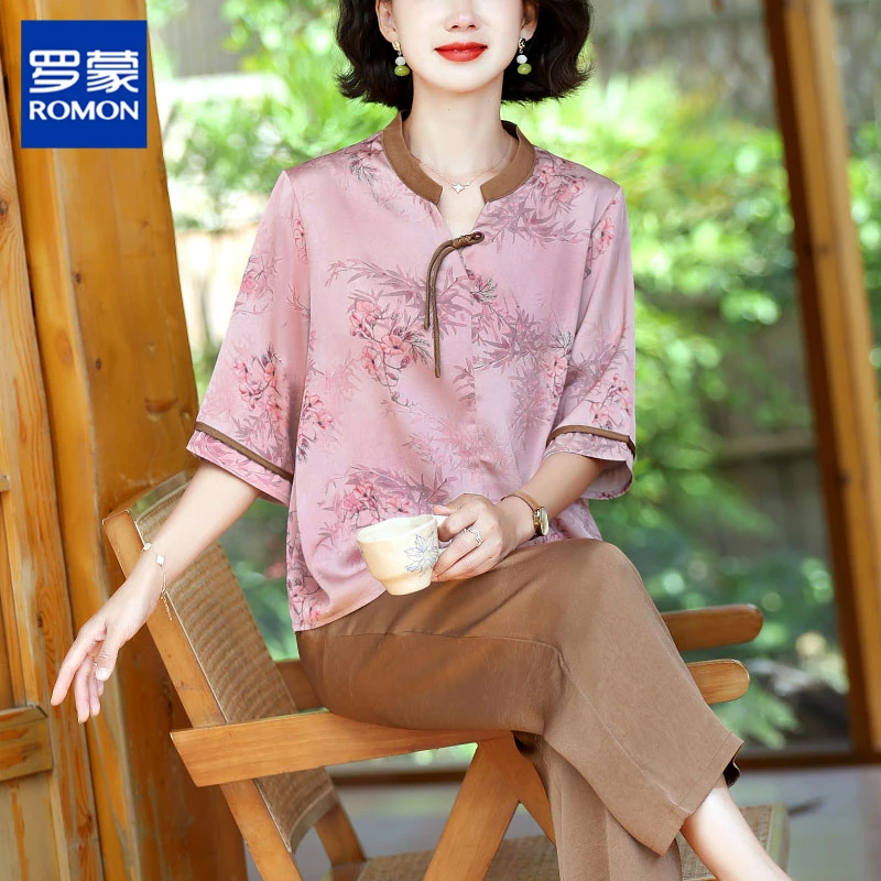 罗蒙新款中老年时尚国风小衫两件套高档气质奶奶装50多岁妈妈套装