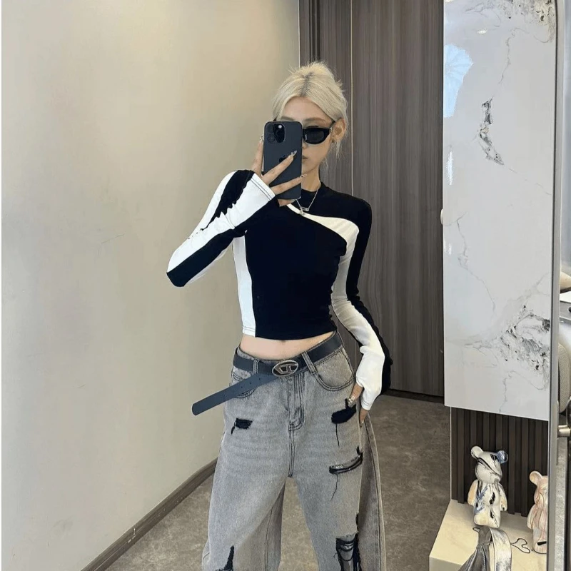 小众设计感撞色长袖T恤女春秋冬2025新款洋气修身内搭打底衫上衣