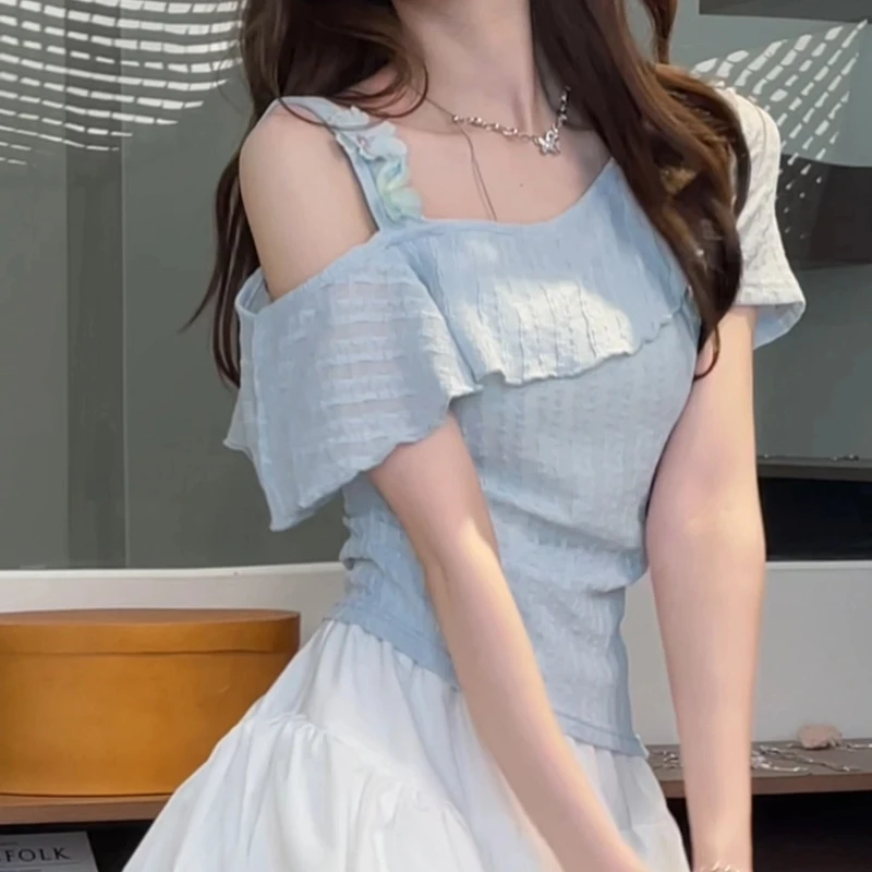 2025夏季新款甜美风花朵吊带斜肩罩衫设计感百搭短袖上衣