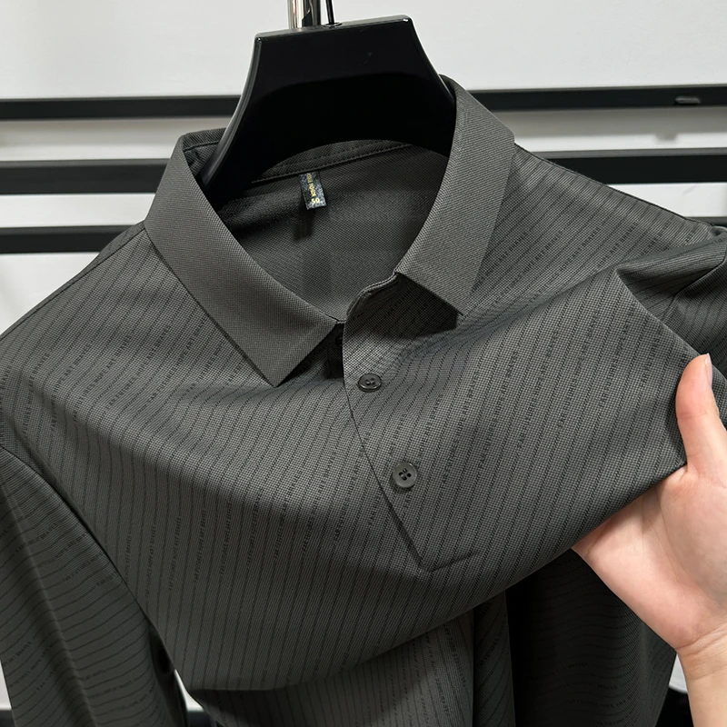 CATIA SELI春秋季带领商务无痕翻领POLO衫冰丝男横条提花长袖T恤