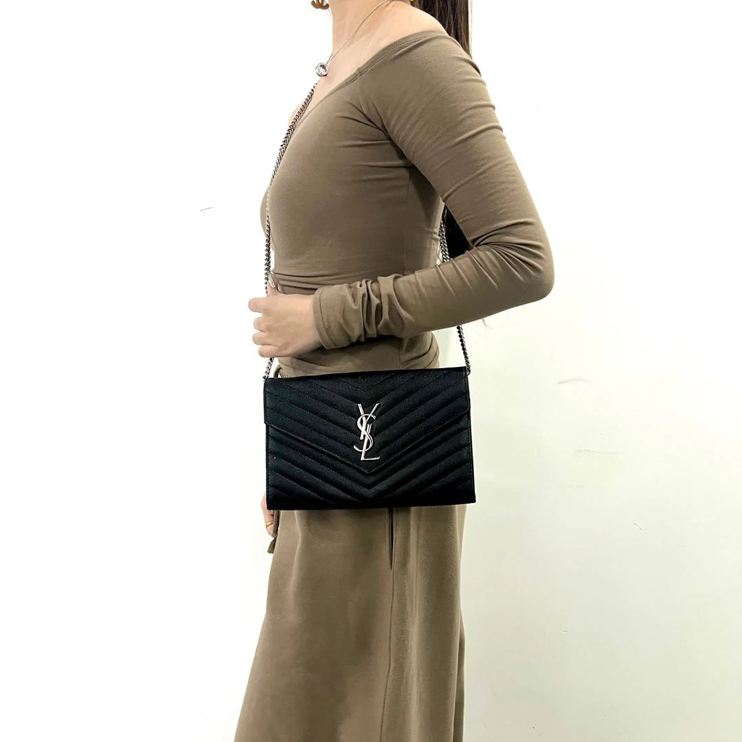 95新 YSL/圣罗兰 黑银中号信封包/6818