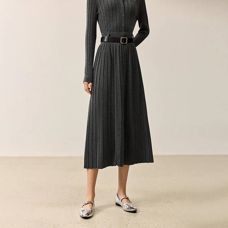 LILY冬新款格雷系高腰气质A字百褶弹力高腰女装半身裙124409T6917