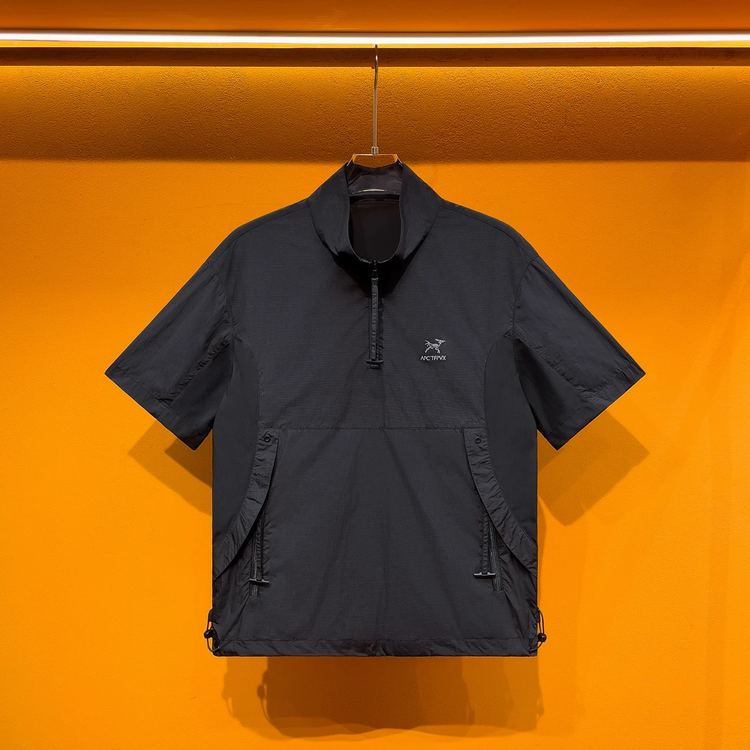 男士夏季立体大口袋抽绳短袖拼接冲孔宽松INS潮休闲运动风上衣