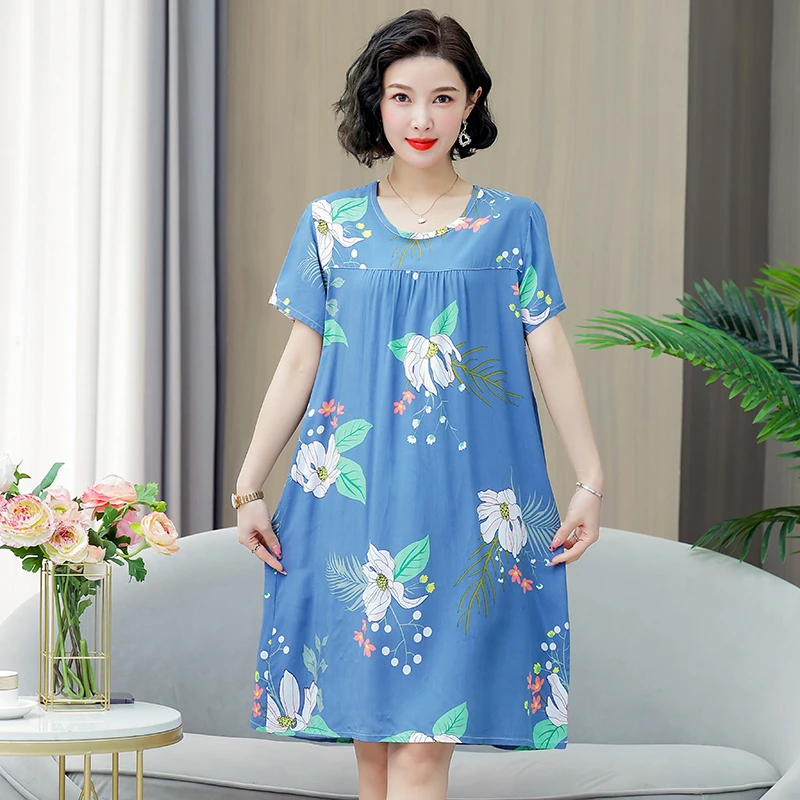 夏季新款棉绸短袖睡裙女士妈妈装印花休闲家居裙中长款人造棉裙子