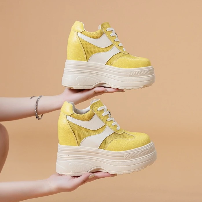 真皮超高跟11厘米内增高小白鞋女2026春新款爆款透气网鞋松糕底