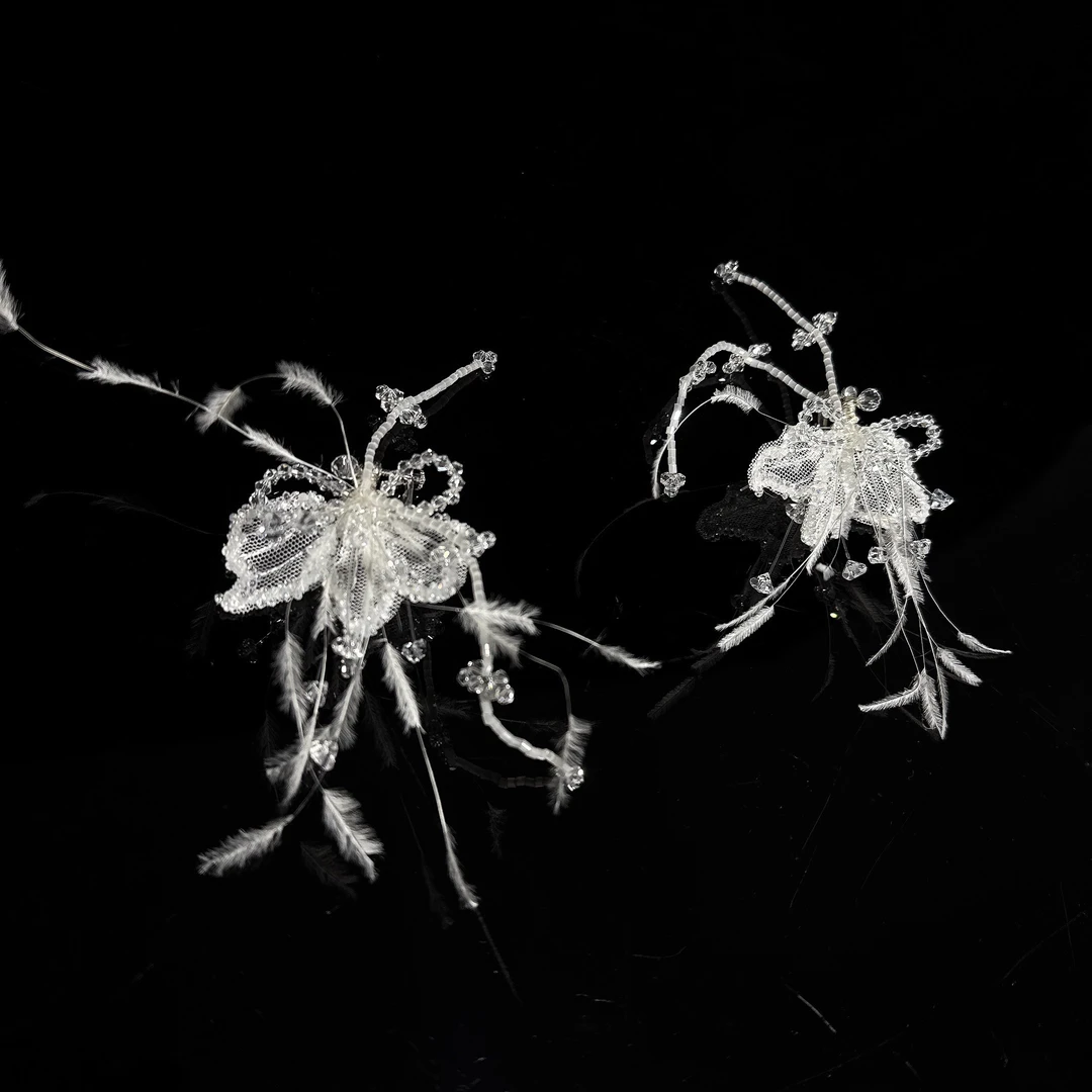 非金属羽毛耳饰 U沐｜新款蕾丝串珠新娘耳饰耳夹