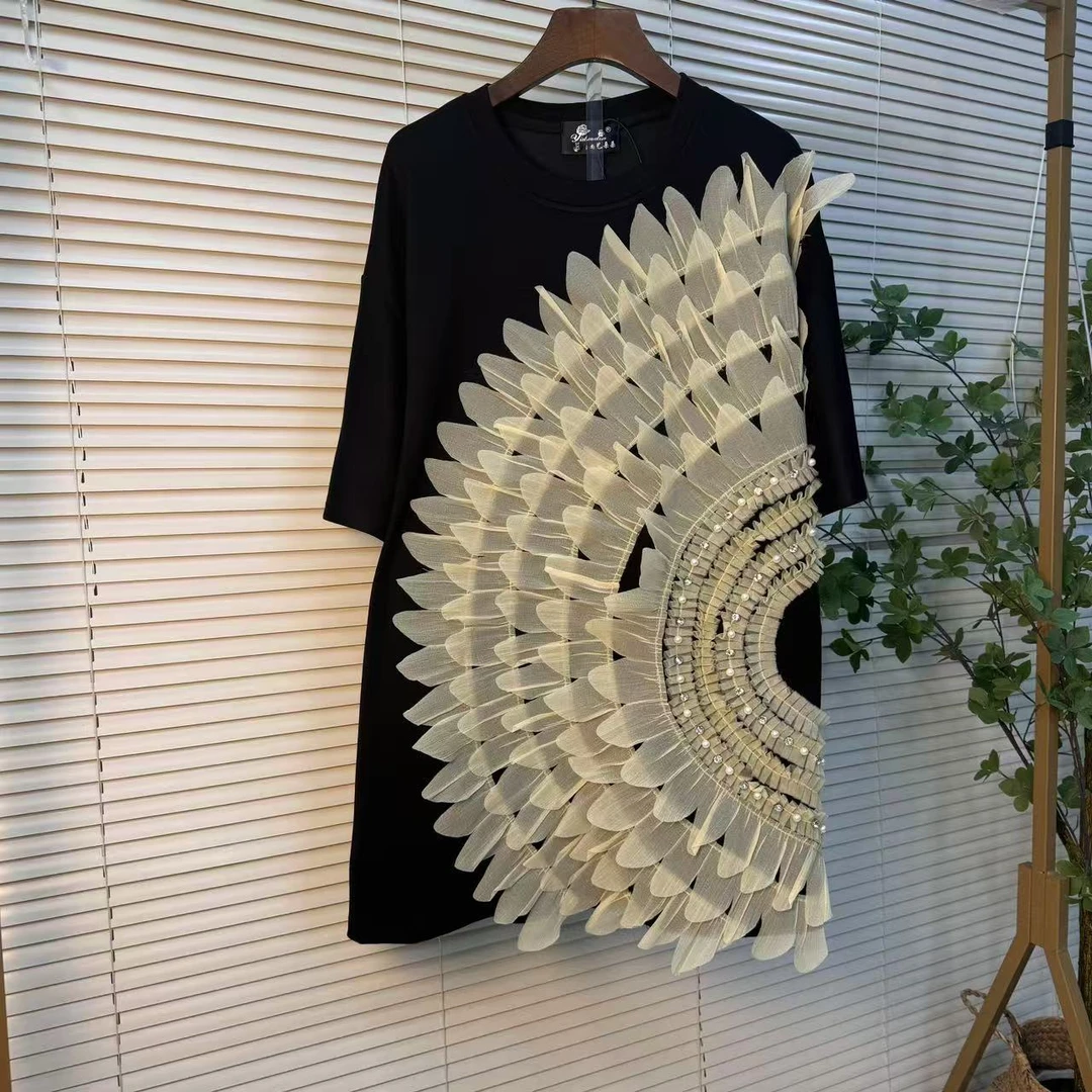 大码时尚新款欧货重工立体花瓣中长款宽松T恤半袖卫衣裙年轻潮流