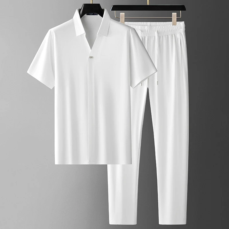 高品质中国风V领套装男士夏季超薄款天丝+桑蚕丝混纺休闲裤两件套