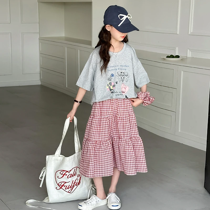 女童套装2025夏季新款韩系休闲时尚卡通印花T恤格子半身裙两件套