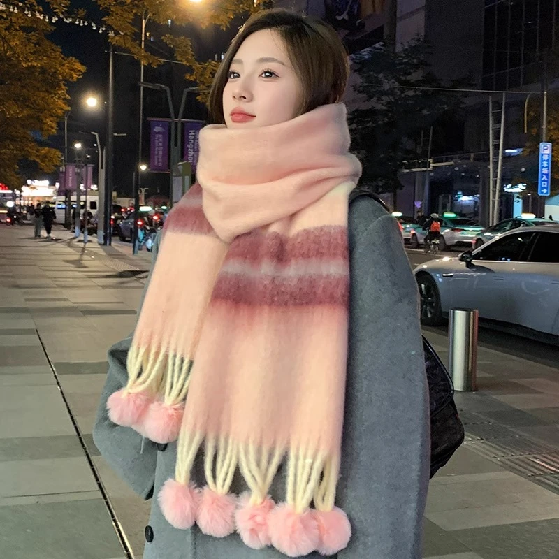 Miss Silas冬季新款韩系兔毛球围脖保暖加厚围巾高级感百搭披肩女