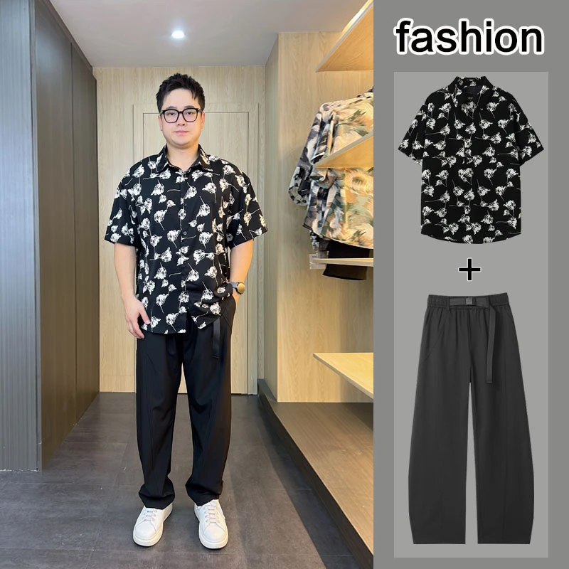 夏季男士短袖衬衫韩版宽松大码印花衬衣休闲套装痞帅百搭穿搭夏装