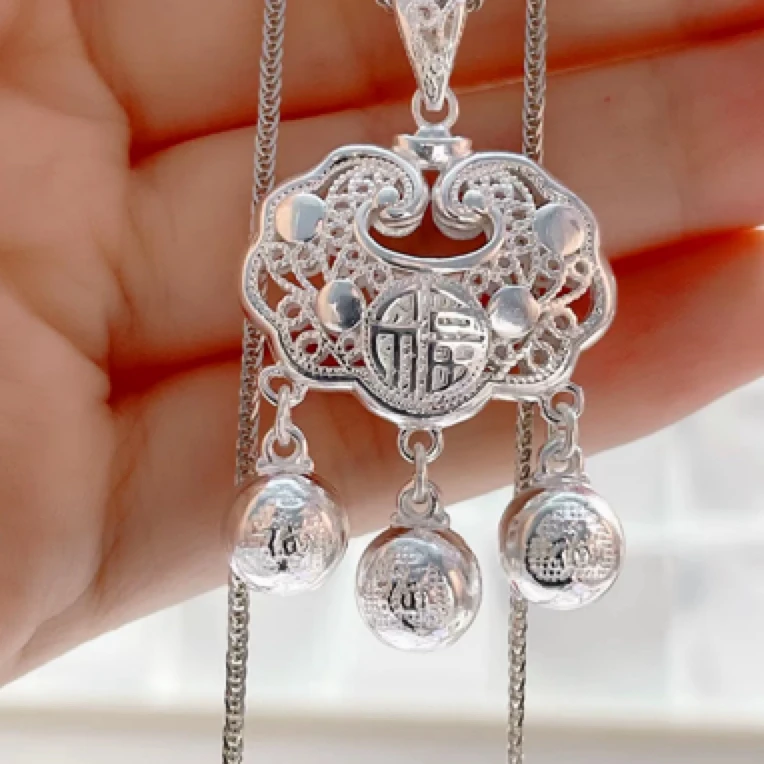 坠链均足银 足银990银精工福气满满如意锁吊坠8克十肖邦项链0750