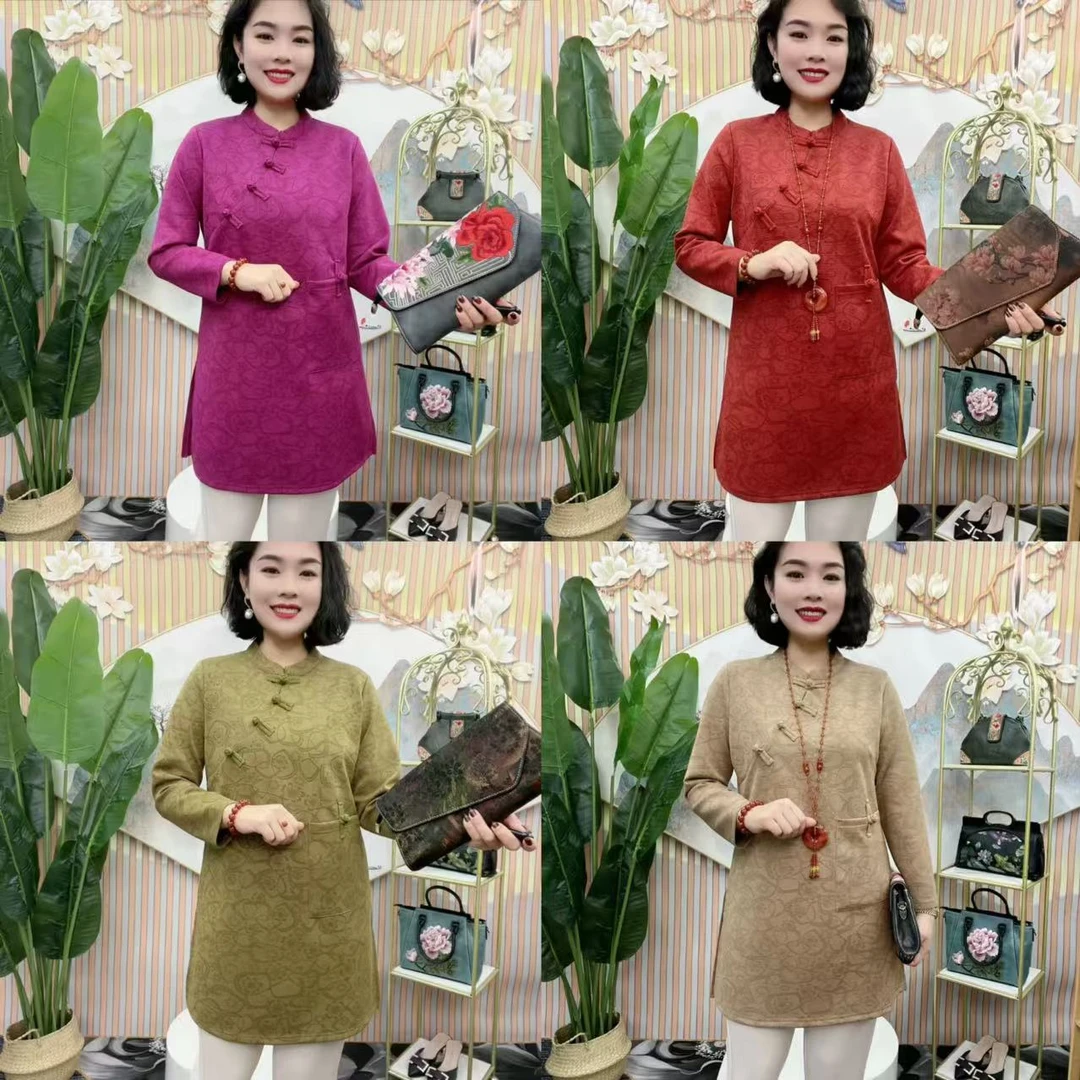 春秋新款气质修身中长款上衣显瘦长袖时尚复古洋气上衣（不加绒）