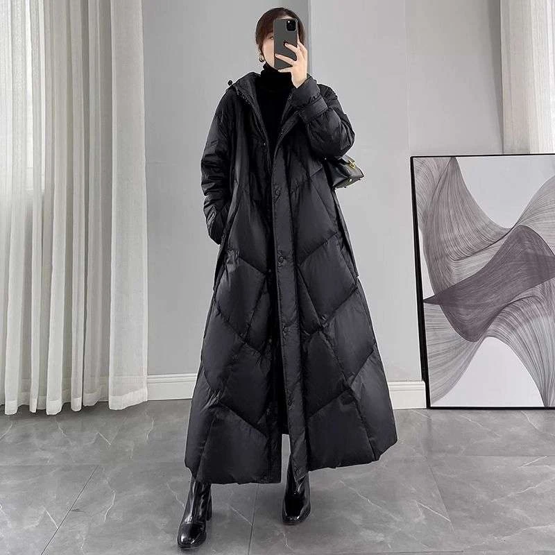 黑色超长款羽绒服女冬季2025年新款韩版宽松白鸭绒加厚保暖外套潮