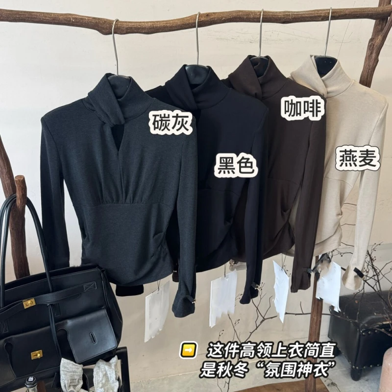 2025年冬季新款韩系辣妹高领镂空褶皱高级设计感打底衫修身女上衣