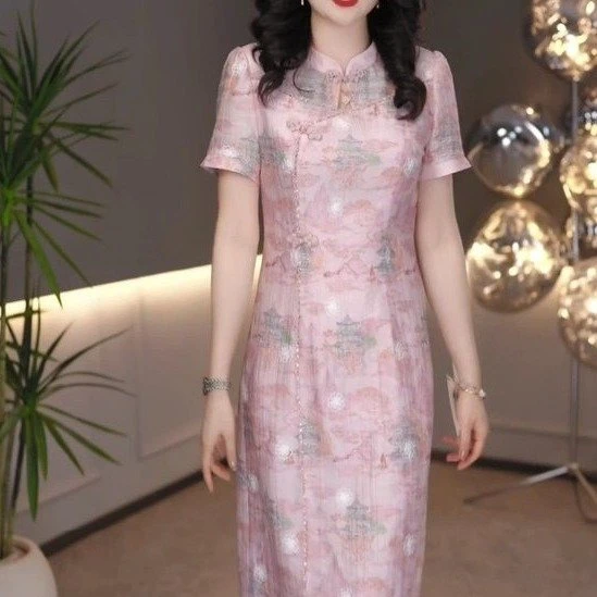 双色花罗桑蚕丝复古长款旗袍女新中式精致高端高级气质夏季复古显