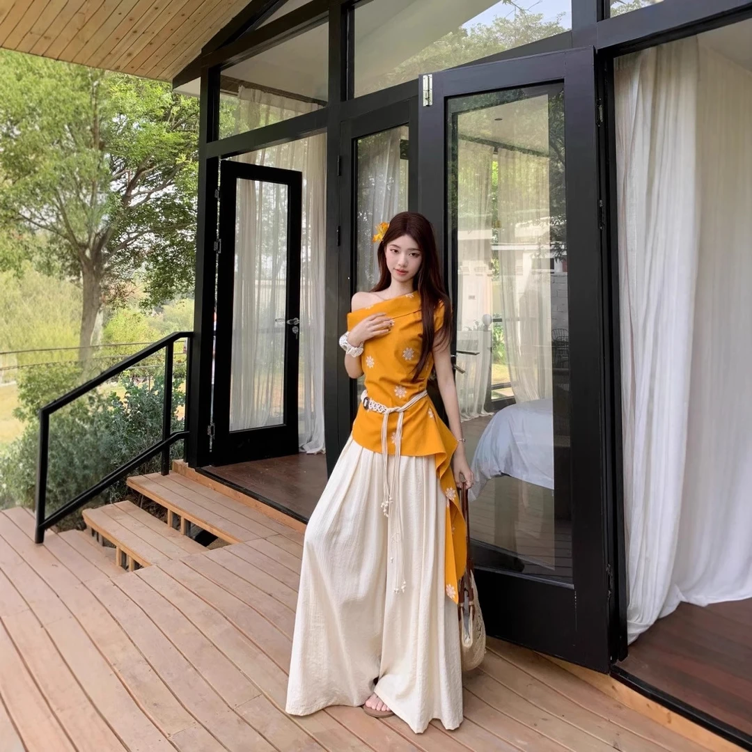 斜领露肩辣妹收腰显瘦T恤高腰阔腿休闲裤裙裤女2025夏季新款套装