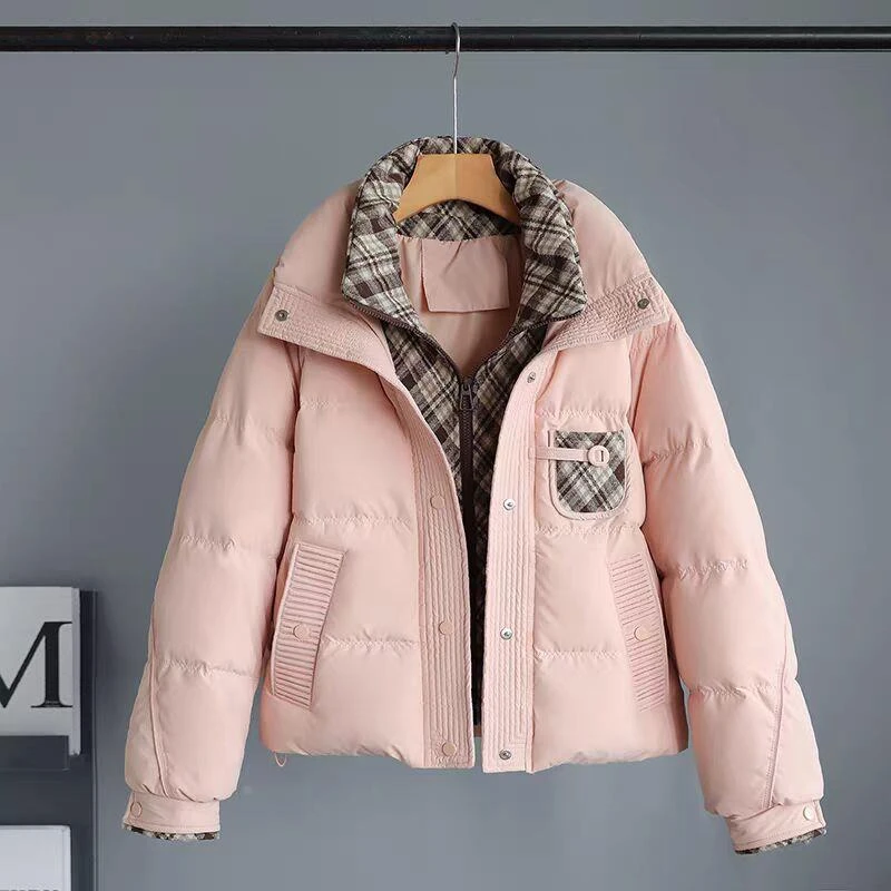 【奥莱撤柜】假两件格子拼接羽绒棉衣2025冬季新款立领棉袄短款面
