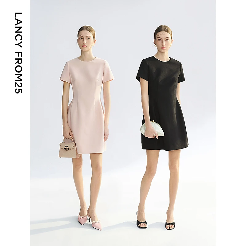 朗姿2025年夏季新款黑色气质收腰短袖女裙子法式高级感高知连衣裙