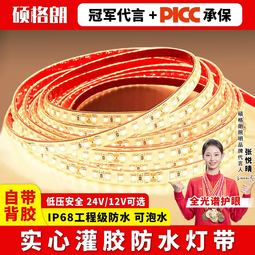 实心硅胶防水灯带可裁剪带自粘工程户外灯条低压12v24v水下底灯带