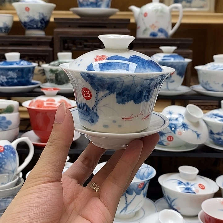 手绘荷花马蹄盖碗釉下彩高温瓷微瑕福利款