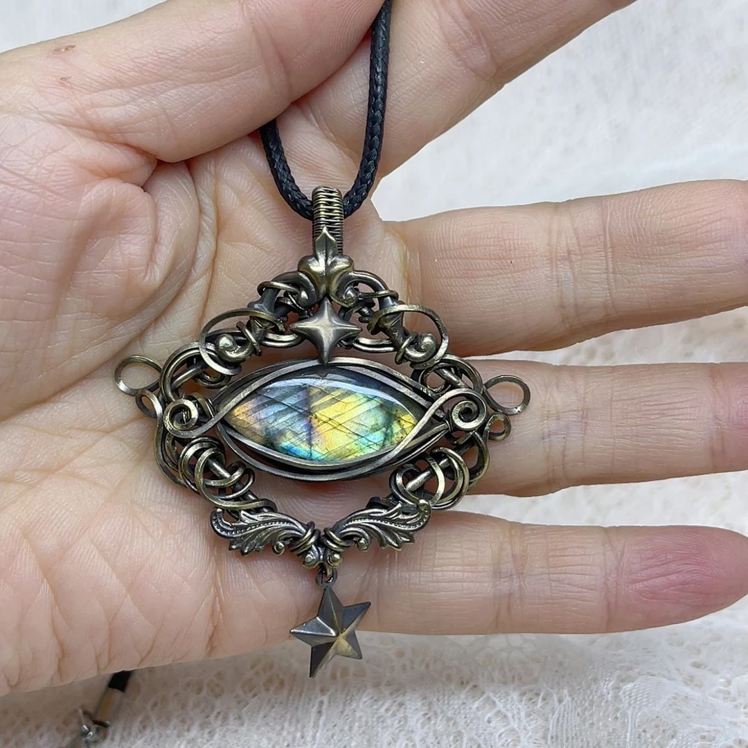 月光石/天河石/长石（处理）纯手工制做黄铜个性吊坠222