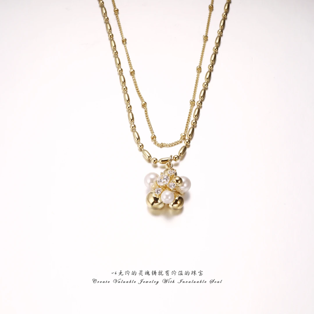 铜合金项链 【RUCHINE】美·轻奢温柔风花珠珠项链（44cm）RCH-C-32017