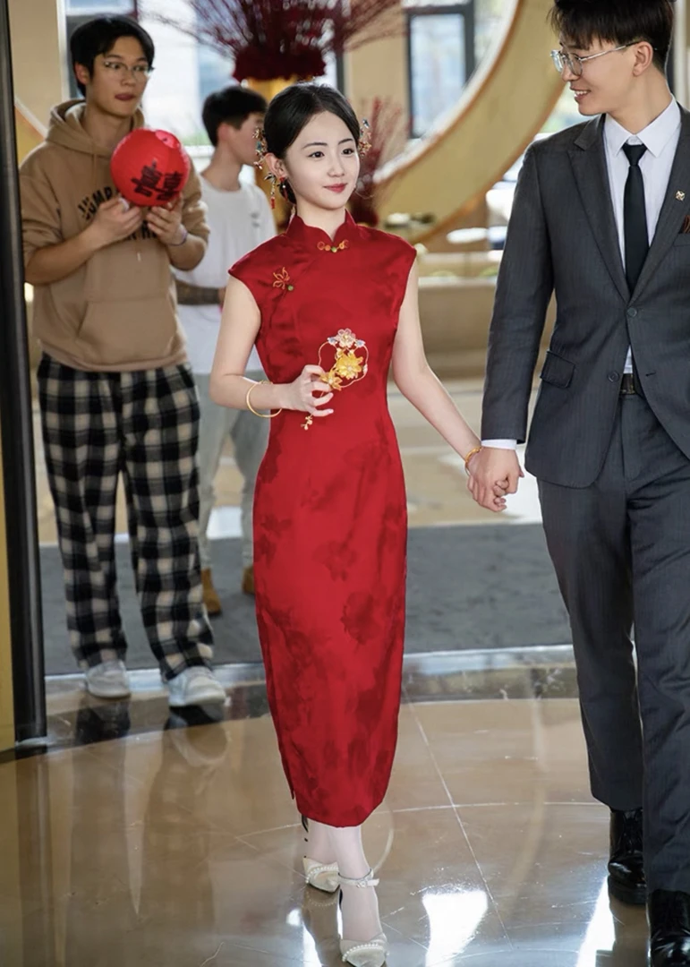 珠煜｜如愿2025春夏新款新中式红色无袖女订婚敬酒服改良旗袍裙