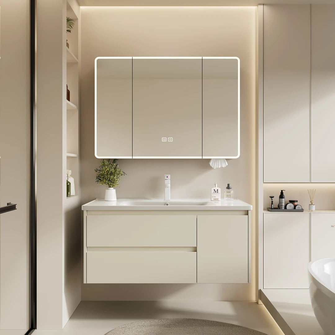 新款奶油风蜂窝铝浴室柜组合陶瓷一体盆卫生间家用洗手盆洗脸盆柜