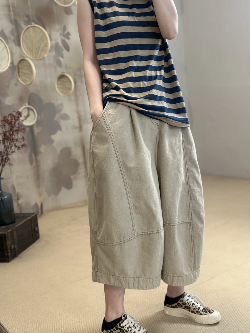 衣牧了然250432色织棉八分裤哈伦裤休闲裤薄款复古宽松做旧纯色