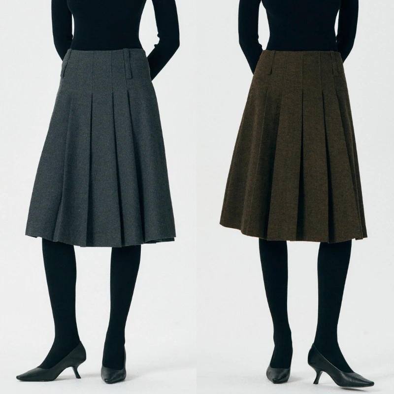 棘光THORNSAURA 复古混色斜纹呢M*U风时髦百褶半身裙女高腰中裙