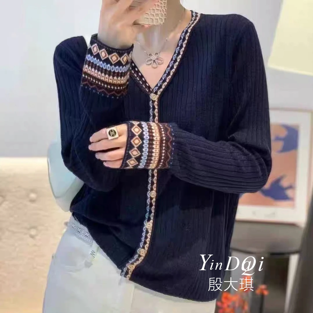 暮光蓝~费尔岛提花 早秋新款针织开衫上衣女 2163